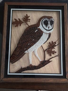Vintage 1977 MCM LuLu's Reverse Painting On Glass Framed Barn Owls Acorns Signed